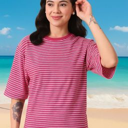 HERE&NOW Women Bio Finish Striped Round Neck Cotton Oversized T-shirt-image-94