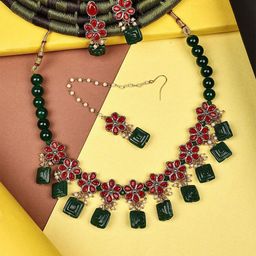 Dhivara Kundan Studded And Artificial Beaded Necklace And Earrings With Maang Tika-4
