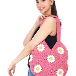 ITIHASIKALA Women Pink Daisy Hobo Crochet Shoulder Bag-34