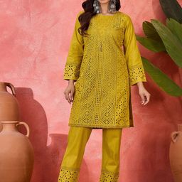 Sangria Schiffli Embroidered Pure Cotton Tunic With Trouser Co-Ords-image-36