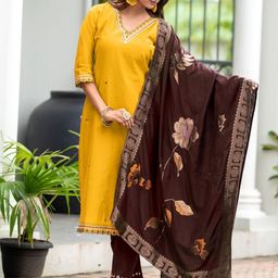 MITTOO Embroidered Mirror Work Pure Silk Straight Kurta with Trousers & With Dupatta-image-10