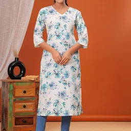 Nayo Floral Printed V-Neck Kantha Work Cotton Straight Kurta-47