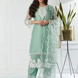 MOKOSH Floral Yoke Design Thread Work Muslin Straight Kurta With Trousers & Dupatta-54