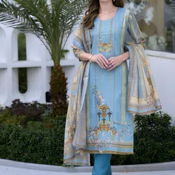 DIVASTRI Floral Embroidered Thread Work Pure Silk Straight Kurta With Trouser And Dupatta-picture-7