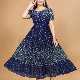 QENA Floral Print Tie-Up Neck Puff Sleeve Georgette Maxi Midi Dress-picture-22