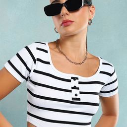 The Roadster Lifestyle Co Striped Short Sleeves Crop Tops-image-97