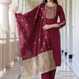 SANISA Floral Yoke Design Sequinned Straight Kurta With Trousers & Dupatta-50