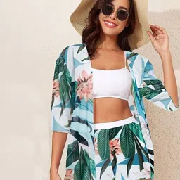 Plus Curvves Floral Printed Shoulder Strap Swimwear Coverup Set-image-96