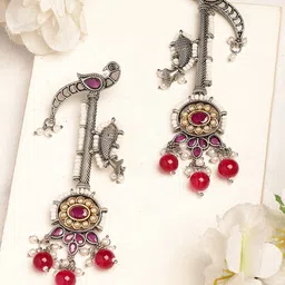 KARATCART Silver-Plated Kundan Studded Peacock Design Tribal Drop Earrings-image-39
