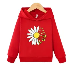 KEESOR Girls Red Floral Printed Hooded Sweatshirt-picture-0