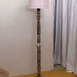 Devansh White Printed Cotton Drum Wooden Floor Lamp-15