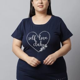 Women Typography Round Neck Pure Cotton Navy Blue T-Shirt-image-5