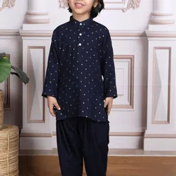 Polka Tots Boys Floral Printed Band Collar Pure Cotton Kurta With Pyjamas-image-51