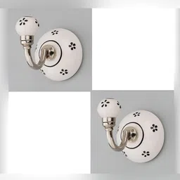 IndianShelf White and Black 2 Pieces Floral Printed Ceramic Wall Hooks-5