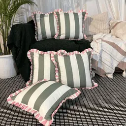 LUSHLYF Olive Green & Pink 5 Pieces Striped Pure Cotton Square Cushion Covers-image-36