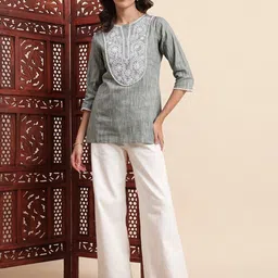KALINI Women Ethnic Motifs Embroidered Thread Work Pure Cotton Thread Work Kurti-image-7