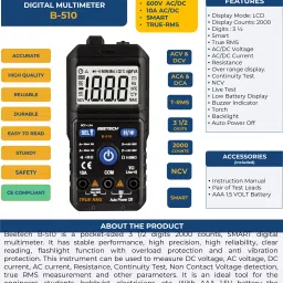 hty BEEETECH B-510 3 ½ Digital Smart True RMS AC/DC Current & Voltage Digital Multimeter image 3