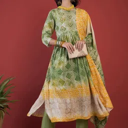 Anouk Green Geometric Embroidered Pleated Kurta with Trousers & Dupatta-image-74