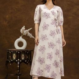 EthniFlair Women Floral Printed Puff Sleeved Tie-Ups Wrap Maxi Cotton Dress-image-101
