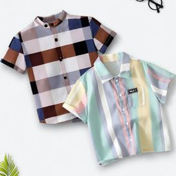 Boys Shirt Checkered, Printed Casual Short Sleeve Shirts Pack of 2-image-87
