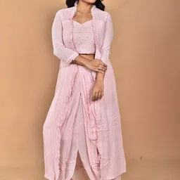 Morchari Embroidery Shoulder Strap Neck Crop Top & Jacket With Skirt Co-Ords-image-31