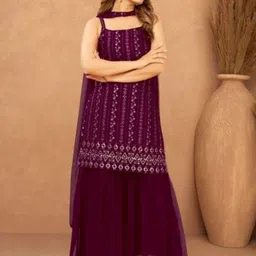 PARROT CREATION Embroidered Straight Sequinned Kurti With Palazzos And Dupatta-32