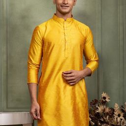 PulseIQ Men Yellow Ethnic Dupion Silk Mandarin Collar Straight Kurtas-picture-17