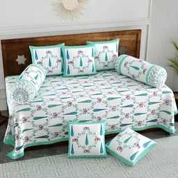 BLOCKS OF INDIA 8-Pcs Turquoise Blue & White Printed Pure Cotton DiwanSet-21