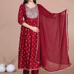 MIRAVAN Women Ethnic Motifs Embroidered Regular Kurta with Trousers & With Dupatta-50