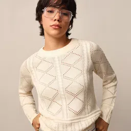 ONLY Women Open Knit Self Design Pullover Sweaters-1
