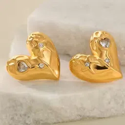 SHARLEEZ Stainless Steel Gold-Plated Artificial Stones Studded Heart Shaped Studs-8
