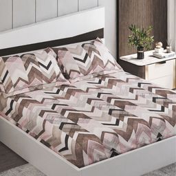 Home Centre Off White & Pink Geometric 130 TC Microfibre Queen Bedsheet & 2 Pillow Covers-image-2