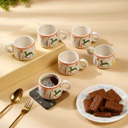 Myntra Elegant Homes Off White & Orange Hand Painted Printed Ceramic Matte Cups Set of Cups and Mugs-58