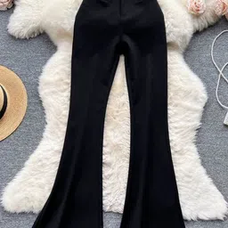 Alamode By Akanksha Women Flared Black Lucaso Buttoned High Waist Pants-image-2