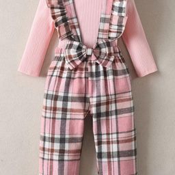 hopscotch Plaid Print Bow Applique Blouse and Dungaree Overall Set-picture-43