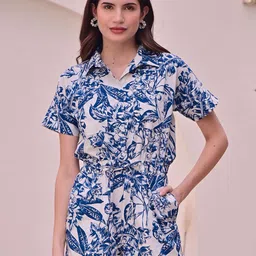 DL Woman Printed Shirt Collar Waist Tie-Ups Jumpsuit-picture-17