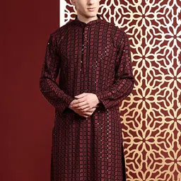 MANQ Geometric Embroidered Mandarin Collar Sequins Straight Kurta-image-9