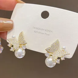 DIVASTRI Gold-Plated Artificial Stones Studded & Pearls Beaded Korean Quirky Drop Earrings image 5