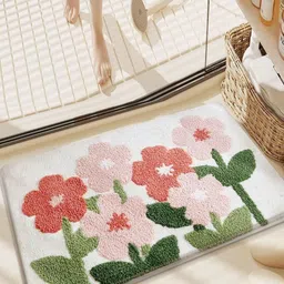 AAZEEM White & Pink Floral Printed Non-Slip Microfibre Bath Rug-image-87