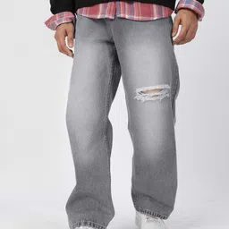 Urbano Fashion Men Pure Cotton Loose Relaxed Fit Slash Knee Heavy Fade Jeans-image-101
