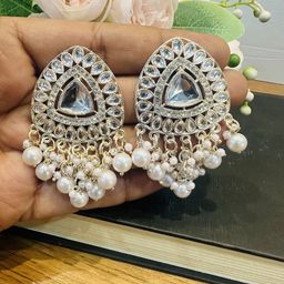 Dhivara Silver-Plated Artificial Stones Studded & Beaded Triangular Shaped Drop Earrings-image-68
