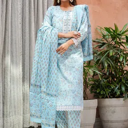 KALINI Women Floral Printed Regular Chikankari Pure Cotton Kurta with Trousers & With Dupatta-picture-25