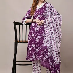 HERE&NOW Women Floral Printed Regular Pure Cotton Kurta with Trousers & With Dupatta-picture-31