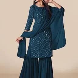 PARROT CREATION Floral Embroidered Georgette Straight Kurta With Sharara & Dupatta-15