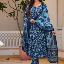 KALINI Floral Printed Straight Pure Cotton Kurta with Trousers & Dupatta-34