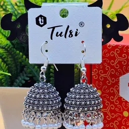 tulsi imitation Silver-Plated Artificial Beads Beaded Oxidised Dome Shaped Jhumkas-17