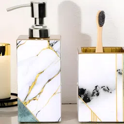 THE HOME CO. Silver-Toned & White 2 piece Solid Wood Bath Accessories Set-16