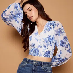 Kibo Floral Print Flared Sleeve Crepe Crop Top-image-76