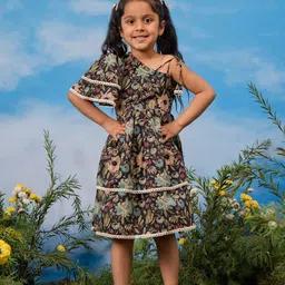 VASTRAMAY Floral Print One Shoulder Flutter Sleeve Fit & Flare Dress-picture-28
