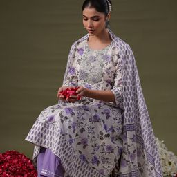 Indo Era Women Floral Yoke Design Regular Sequinned Pure Cotton Kurta with Trousers & With Dupatta-picture-7